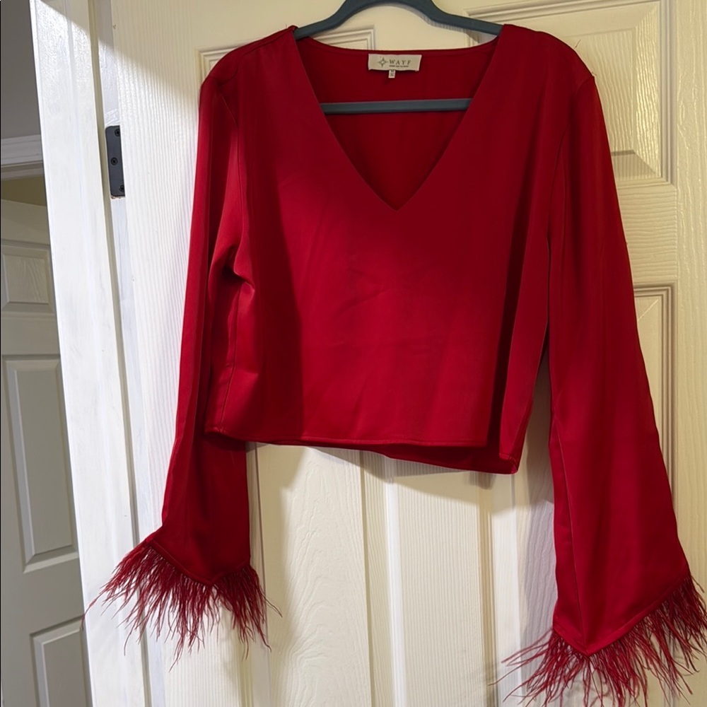 Elegant Red V-Neck Top with Feathered Sleeves